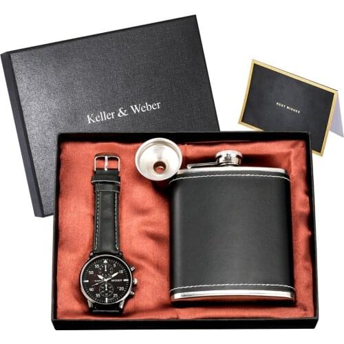 New Combo Gift Set Top Brand Luxury Quartz Watches Stainless Steel Hip Flask with PU Leather Casual Funnel Husband Dad Best Gift