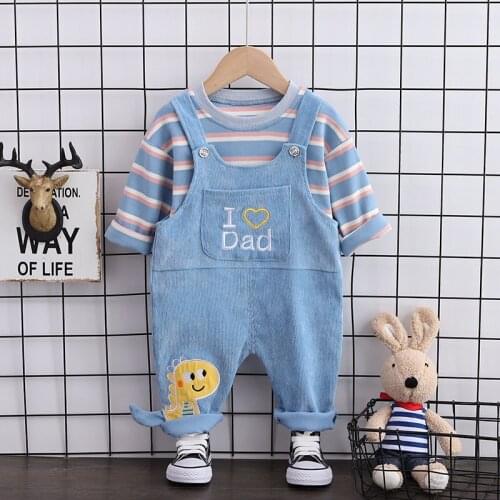 Autumn Children Leisure Clothes Baby Boy Girls strips T Shirt overalls bib pants 2Pcs/sets Kids Infant Cartoon fashion Tracksuit