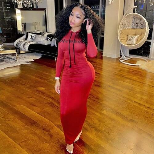 Letter Print Autumn Fall T-shirt Dresses for Women Hooded Collar Long Sleeve Skinny Dress Fashion Drawstring Long Party Dress