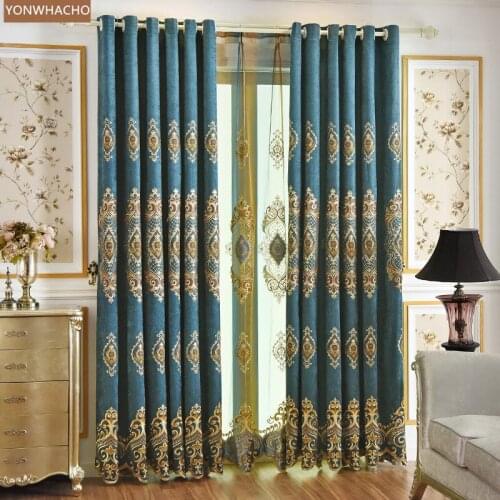 Custom curtains Luxury European living room bedroom floor blue chenille embroidery cloth blackout curtain tulle drape B719