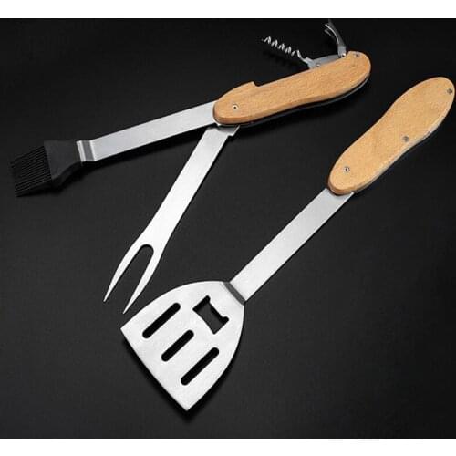 Portable 6 In 1 Multifunctional Barbecue Tool Stainless Steel Barbecue Cooking Fork Spatula Bottle Opener Brush Corkscrew