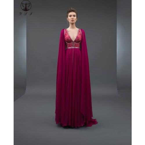 Sexy Plunging V Neck Lace Beaded Chiffon Floor Lenght Fushia Prom Dresses with Cape