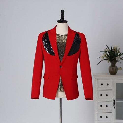 Large Size Wedding Suit Elegant Red Blazer for Men Singer Performance Slim Fit Jacket with Sequins