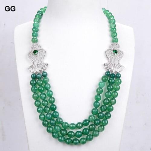GuaiGuai Jewelry 3Strands Green Round Agate Gems Stone CZ Pendant Necklace For Women Lady Jewlery