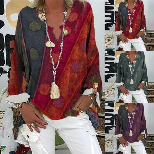 Women T-shirt V-neck Polka Dots Colors Splicing Print Long Sleeve Casual Top Personalized Printing Sexy Fashion All-match Shirt