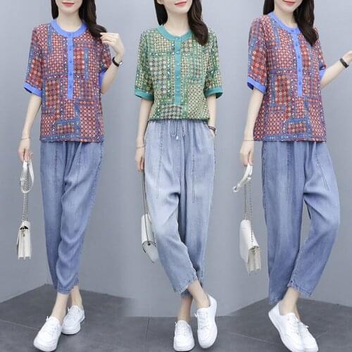 Summer Plus Size Womens Suits 2021 New Round Neck Printed Blouse + Thin Denim Nine-point Pants Trend Female Two Piece Set aq964