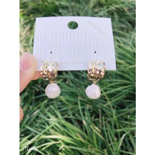 S925 Silver Needle Stud Earrings Pendant Natural Fresh Water Pearl Brass/16k Gold South Korea Fasion Jewelry for Women HYACINTH