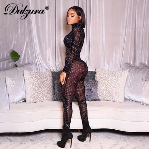 Dulzura Mesh Plaid Bling Glitter Sequin Women Long Sleeve Jumpsuit See Through Sheer Bodycon Sexy Streetwear 2020 Autumn Winter