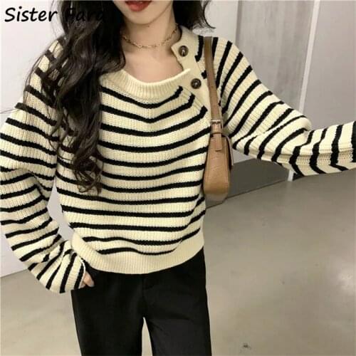 Sister Fara 2021 Winter Women Striped Oblique Button Knitwear Sweater Fashion Ladies Autumn O-Neck Casual Pullover Sweater