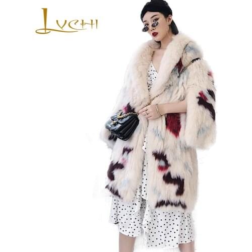 LVCHI 2019 Winter Real Fox Fur Coats Slim Real Natural Fox Fur Coat Womens Striped Gradient Contrast Color Print Fox Fur Coats