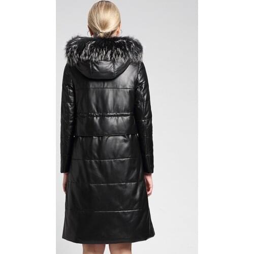 Women Real Leather Coat with Raccoon Fur Collar Winter Genuine Leather Down Jacket Hooded Long Chaquetas Mujer 2020 7090