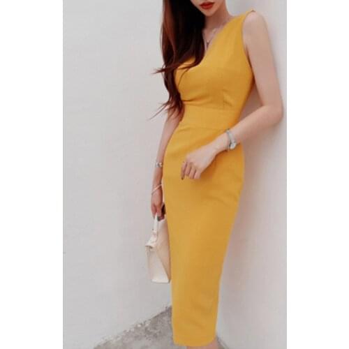 High Quality Luxurious Sleeveless V-neck Elegant Pencil Dress Women Summer Slim Business Sheath Bodycon Fashion Dresses