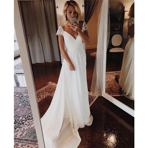 Cap Sleeves Wedding Dress 2021 V Neck Chiffon Appliques Backless Beach Bridal Dress Cheap High quality Wedding Gowns