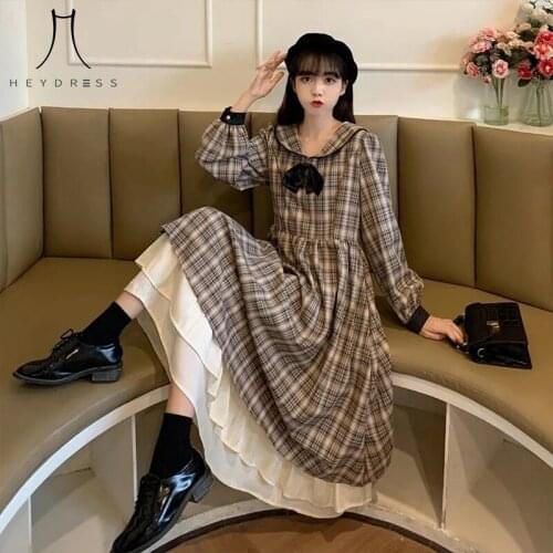 Girly Plaid Vintage Victorian Long Sleeve Bow Ruffles Princess Dress Japanese Gothic Lolita Dress Women Sweet Tea Party Dresses