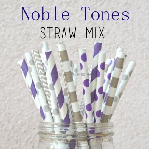 100pcs Mixed Colors Noble Tones Paper Straws Bulk,Purple stripe, white with purple dot, gray rugby stripe and gray chevron