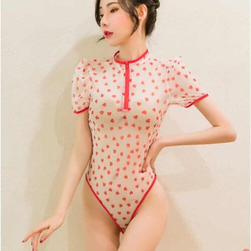 2020 new triangle sexy lingerie sexy sweet love perspective transparent mesh dark buckle open crotch bodysuit