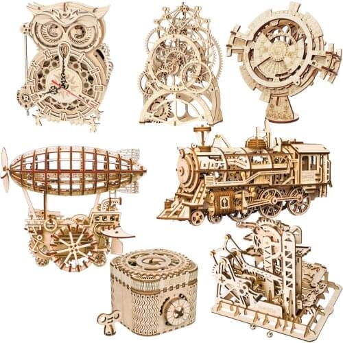 3D Airship Wooden Puzzle Assembled Model Diy Decompression Difficulty Toys Steam Locomotive For Children Birthday Gift Owl Clock