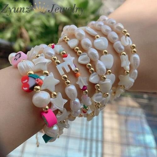 5PCS, New Style Natural Freshwater Pearl Bangle Star / Heart Shell Beads Charm Bracelet For Women Fashion Jewelry