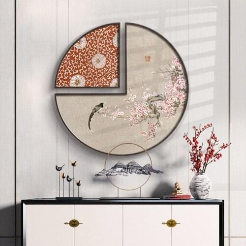New Chinese Zen flower bird decorative painting creative circular restaurant hanging adornment modern fashion metal farmer