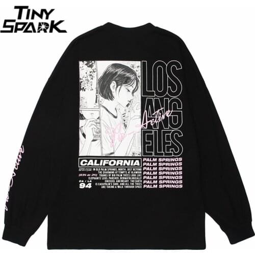 Streetwear Harajuku T Shirt Hip Hop Smoking Cartoon Girl Letter Print T-Shirt 2021 Men Cotton Casual Long Sleeve Tshirt Black
