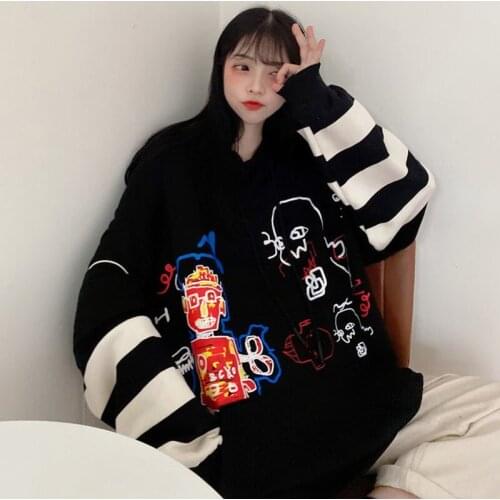 Hand-painted cartoon pattern Harajuku hoodie thin long-sleeved pullover oversize jacket BF Korean style 2020 new