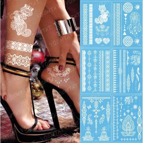 Indian Arabic White Lace Tattoo Sticker Necklace Flower Temporary Waterproof Tatoo Body Art Painting Fake Tatto Wedding Bride