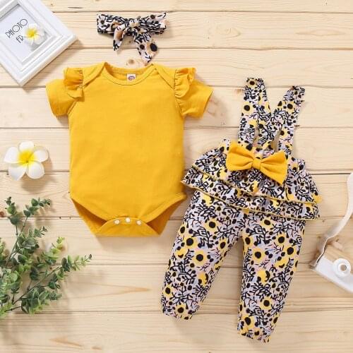 Newborn Toddler Baby Girls Clothes Set Short Sleeve Pullover Bow Ruffle Romper Floral Bow Overalls Pants Headband Outfit