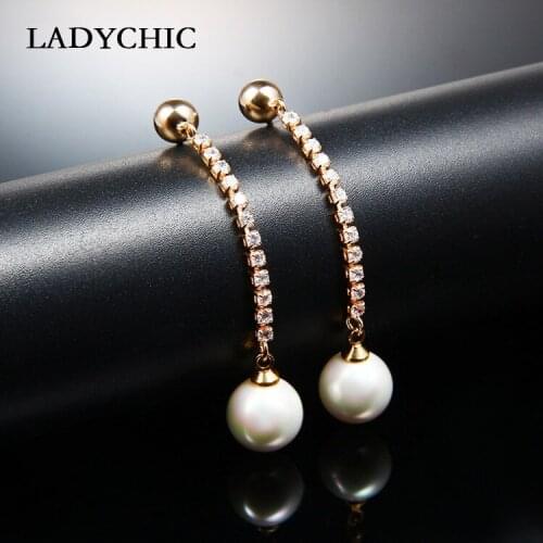 LADYCHIC Romantic Bridal Wedding Dangle Earrings Exquisite Cubic Zircon Pearl Earrings Gold Color Accessories Jewelry LE1312