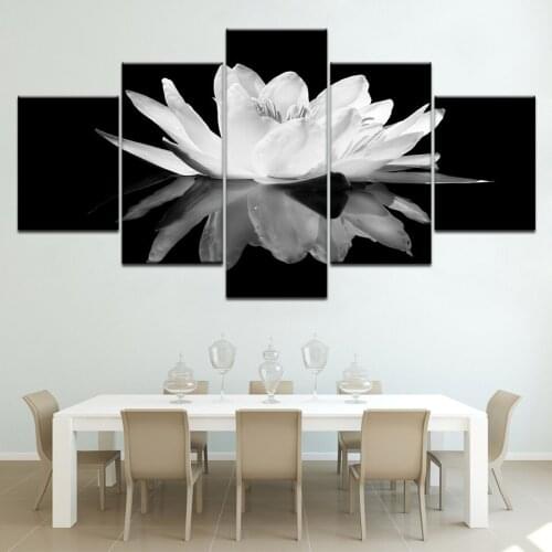 5 panel Modular painting wall art Canvas Print Flower White flower Lotus In Black Wall Art Picture Modern Wall Paintings
