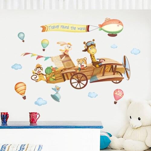 Cartoon Animals Airplane Travel Wall Sticker Creative Baby Warm Stickers for Childrens Room Kindergarten Room Art Mural