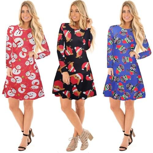 New Year Ladies Christmas Dresses Casual Cartoon Print Santa Claus O Neck Long Sleeve Mini Dress Vestido Plus Size Party Dresses