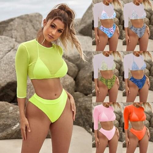 Solid Color Crop Top Bikini Swimsuit Women Sexy Beachwear Mesh Full Sleeve Cover Ups Top Three Piece Swimsuit High Waist Bikini