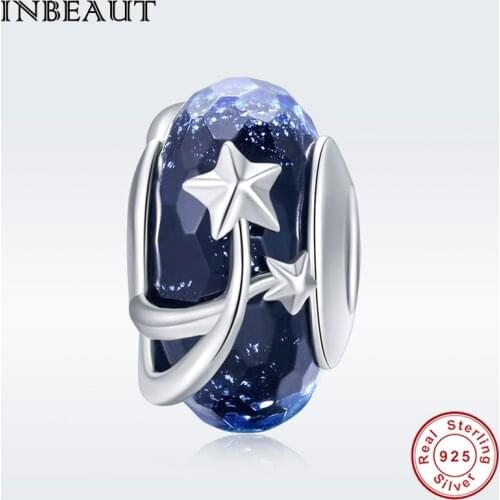Autumn Night Sky Charm fit Europe Bracelet Real 925 Sterling Silver Blue Universe Star Glass Beads Christmas Jewelry Making