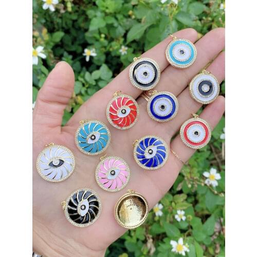 10Pcs High quality multi colors enamel round coin pendant cz pave lucky eye charm necklace with thin chain for women
