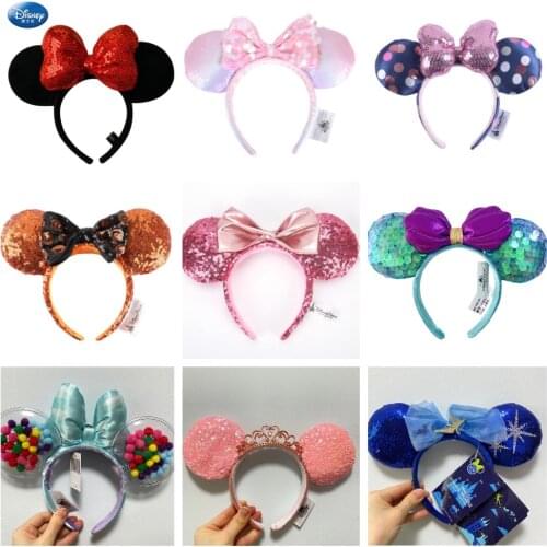 New Disney Mickey Mouse Ears Headband Space mountain Lunar New Year Minnie Bow Pink Sequins Cartoon Anime Headdress Headband Gif
