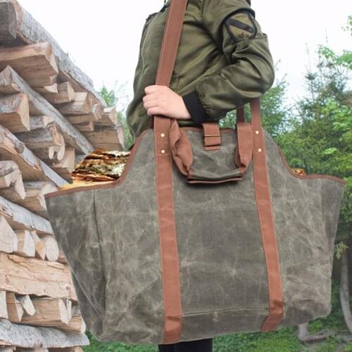 Durable Sturdy Waxed Canvas Firewood Log Carrier Firepalce Wood Bag With Handles For Camping Outdoor Holder Carry Storage Bag