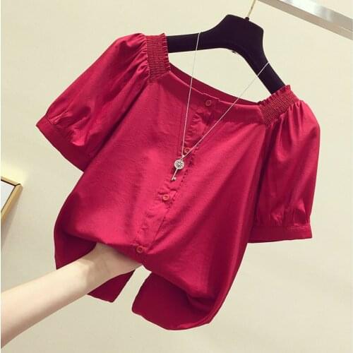 Solid Square Collar Women Shirts Summer New Short-Sleeved Solid Office Lady Elegant Outwear Tops