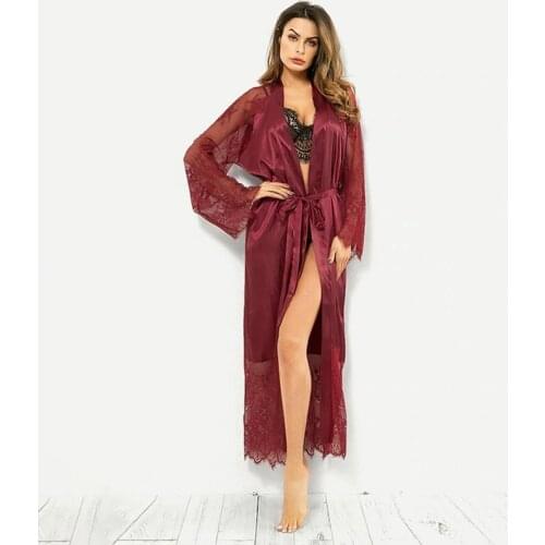 Sexy Lingerie Summer Ice Silk Long Robe Lace Embroidery Perspective V-Neck Long Sleeve Bathrobe Sleepwear