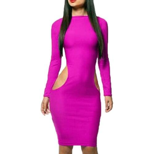 Sexy Women Hollow Out Candy Colors Bodycon Dress Long Sleeve Skinny Evening Party Outfits Sundress for Woman