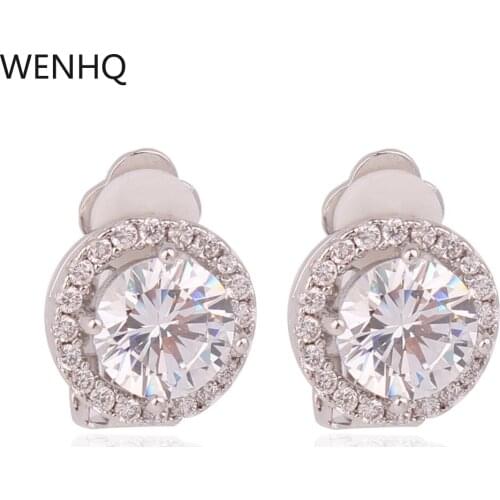 WENHQ Circle Shape Clip on Earrings No Pierced Luxury Fashion Party Wedding Cubic Zircon White Gold Color No Hole Ear Clip New