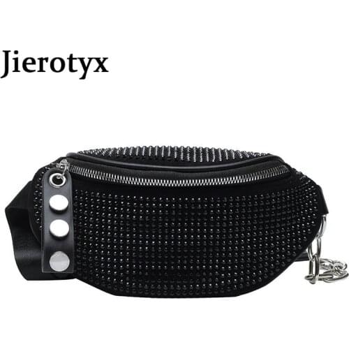 JIEROTYX Fashion Rhinestones Women Bag Waist Bag Fanny Packs Chest Waist Pack Travel Casual Female Chain Strap Punk Belt Bag