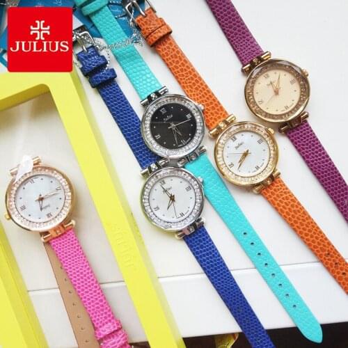 Top Julius Lady Womens Watch Japan Mov't Elegant Rhinestone Shell Fashion Hours Bracelet Real Leather Girls Gift No Box