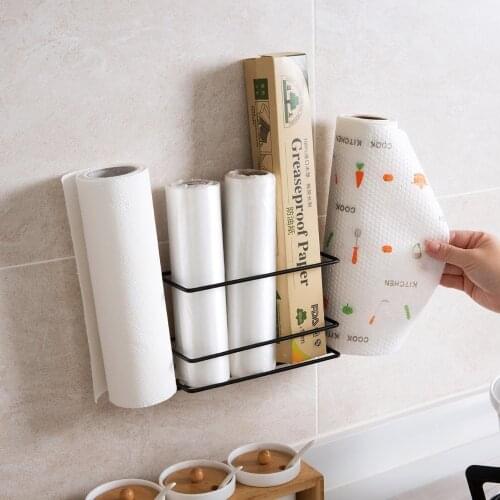 Iron Wall Mounted Kitchen Rack Shelf Fridge Kitchen Organizer Roll Paper Cling Film Holder Seasoning Bottle Storage Rack Shelf