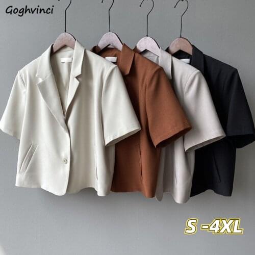 Plus Size Blazers Women Retros Fashion Short Sleeve Vintage Summer Korean Style Crop Outwear Casual OL Office Lady All-match Ins