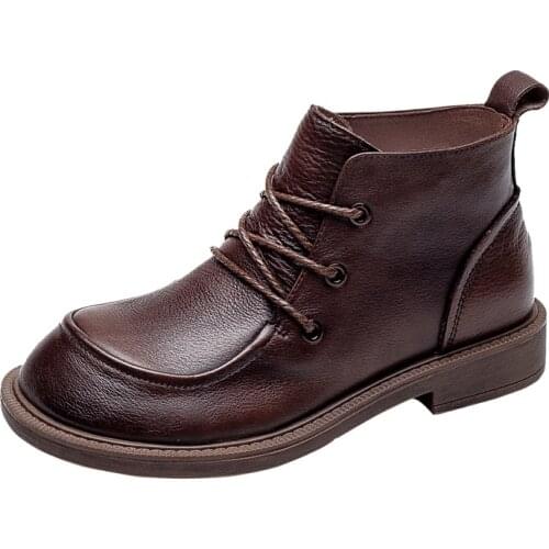 High Quality Ankle Boots Genuine Leather Women Flat Platform Short Boots Ladies Shoes Vintage Autumn Winter Boots