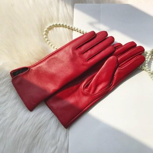 Womens Genuine Leather Gloves Red Medium Length Sheepskin Glove Thin Lining Autumn Winter Velvet Lining Hand Armguard Windproof