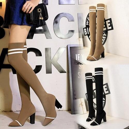 Booties Women Over The knee Boots Sock Knit Bootie Boots Strip Pull On Ladies Pointed Toe Booties 2018 Fashion Classic Shoes