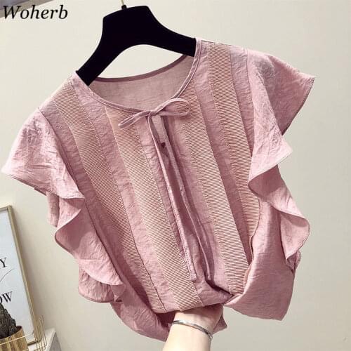 Woherb Summer Retro Women Chiffon Blouses Chic Short Sleeve Ruffles 2020 Solid Elegance Sweet All Match Girls Shirts Blusas25934