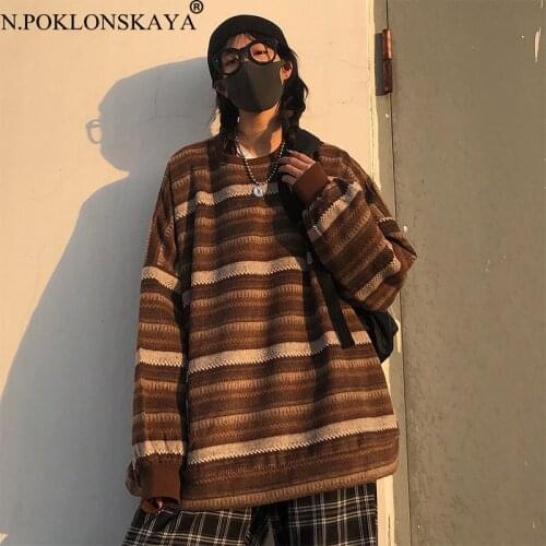 Vintage Pullovers Women Oversize Ulzzang BF Unisex Couples Japanese Striped Knit Sweater Hip Hop Female Cute Winter Fashion Tops
