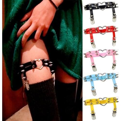 Women Faux Leather Heart Garter Belt Gothic Punk Rock Rivets Stud Adjustable Elastic Leg Ring Harness with Anti-Slip Sock Clips